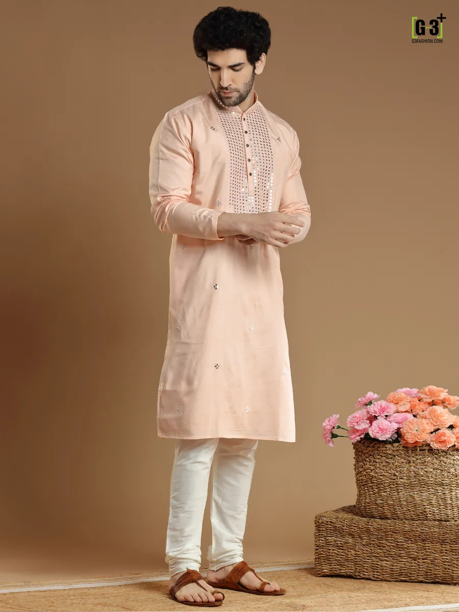 Peach hued festive wear cotton silk kurta suit