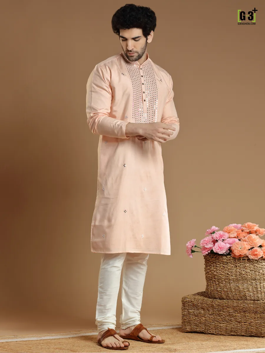 Peach hued festive wear cotton silk  Men Kurta pajama