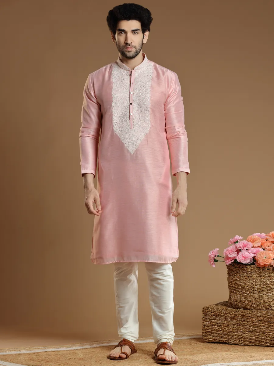 Baby pink hued silk Kurta Set for Men