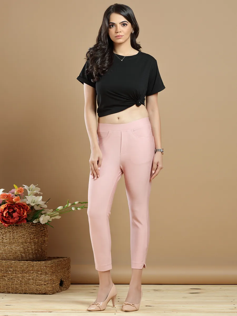 Peach plain color jeggings for womens in lycra