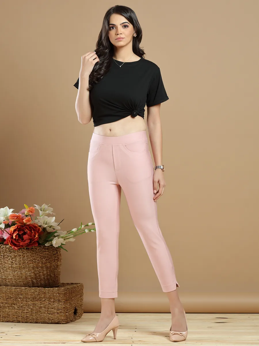 Peach plain color jeggings for womens in lycra