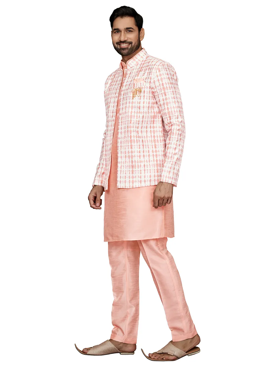 Peach printed indowestern in silk