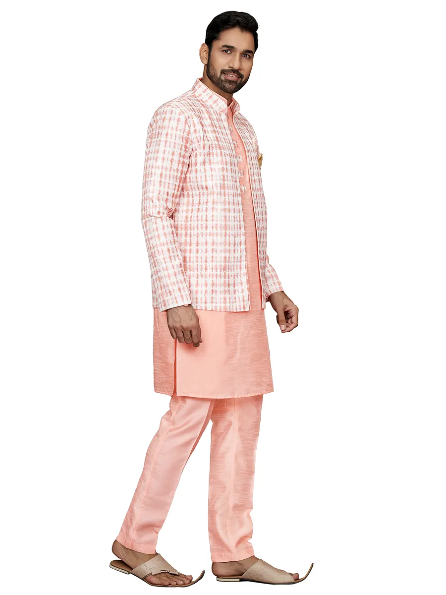 Peach printed indowestern in silk