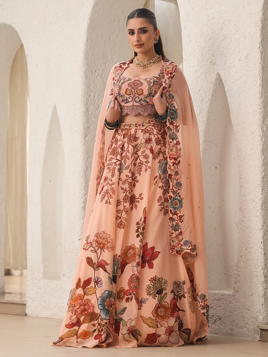 Peach printed oragnza lehenga choli