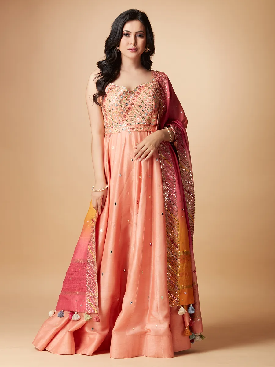 Peach raw silk anarkali floor length suit