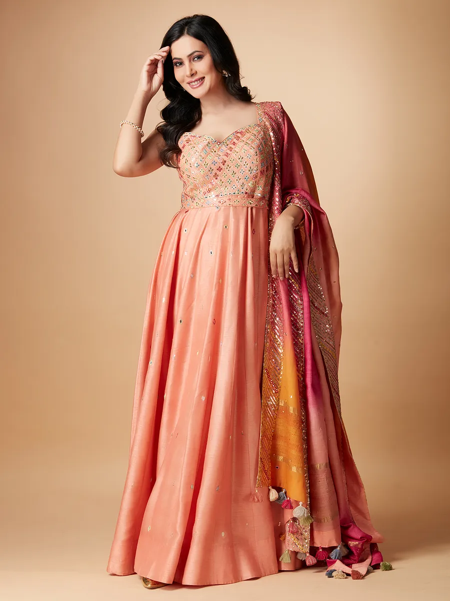 Peach raw silk anarkali floor length suit