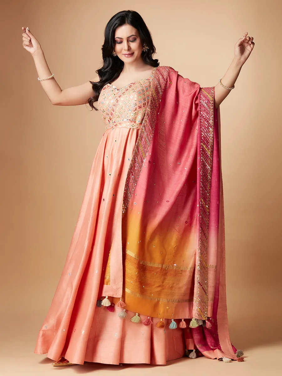 Peach raw silk anarkali floor length suit