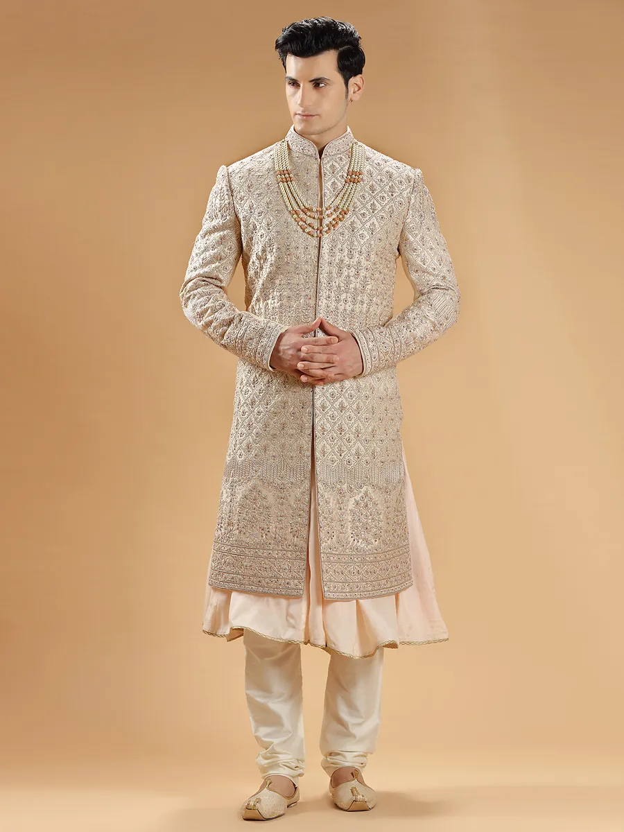 Peach raw silk designer sherwani for groom