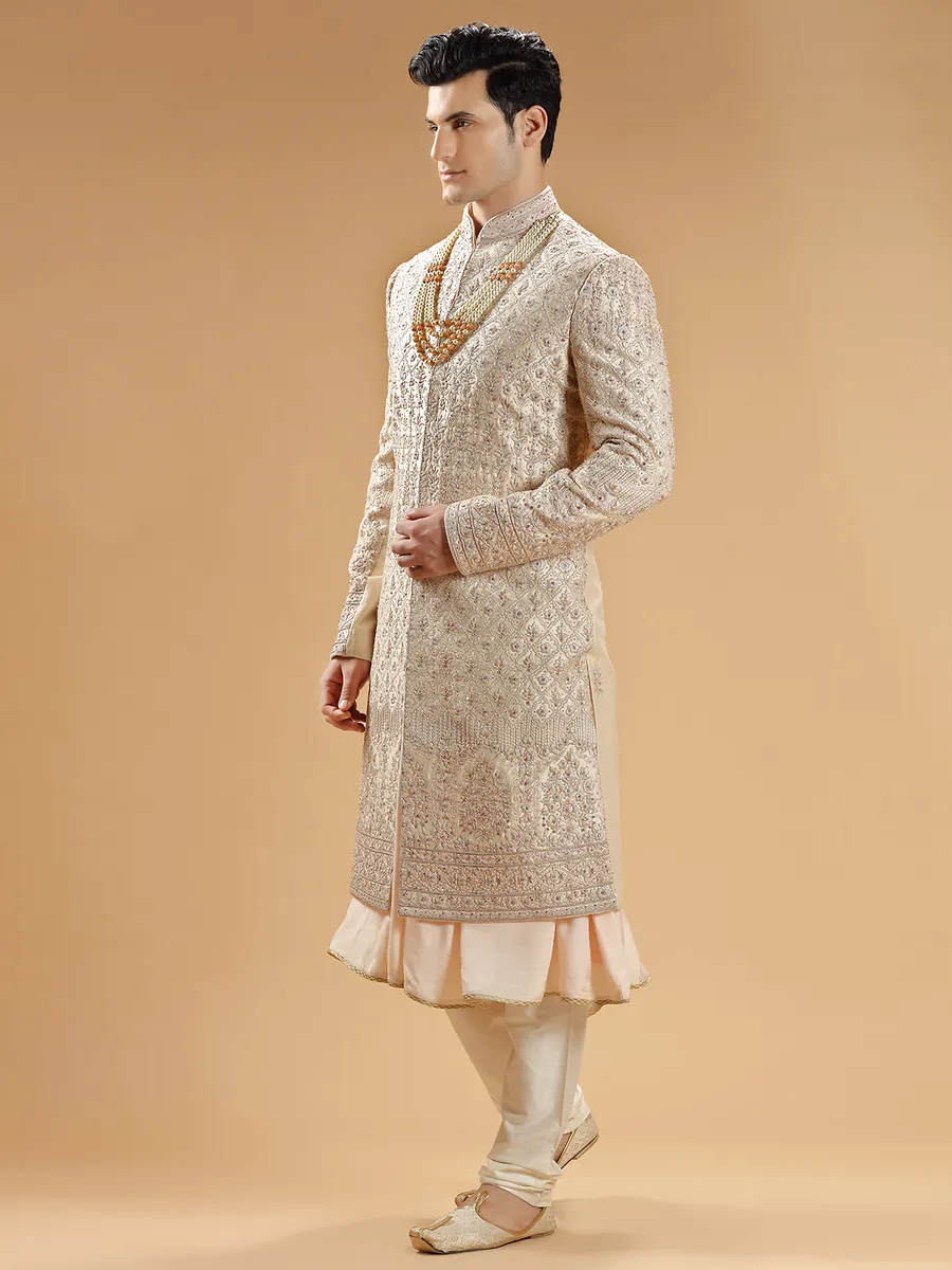 Peach raw silk designer sherwani for groom