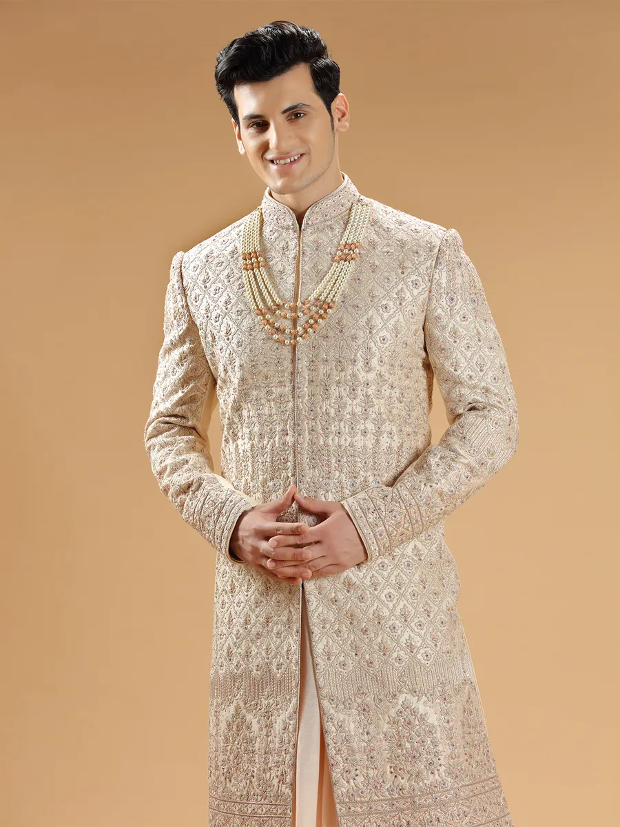 Peach raw silk designer sherwani for groom