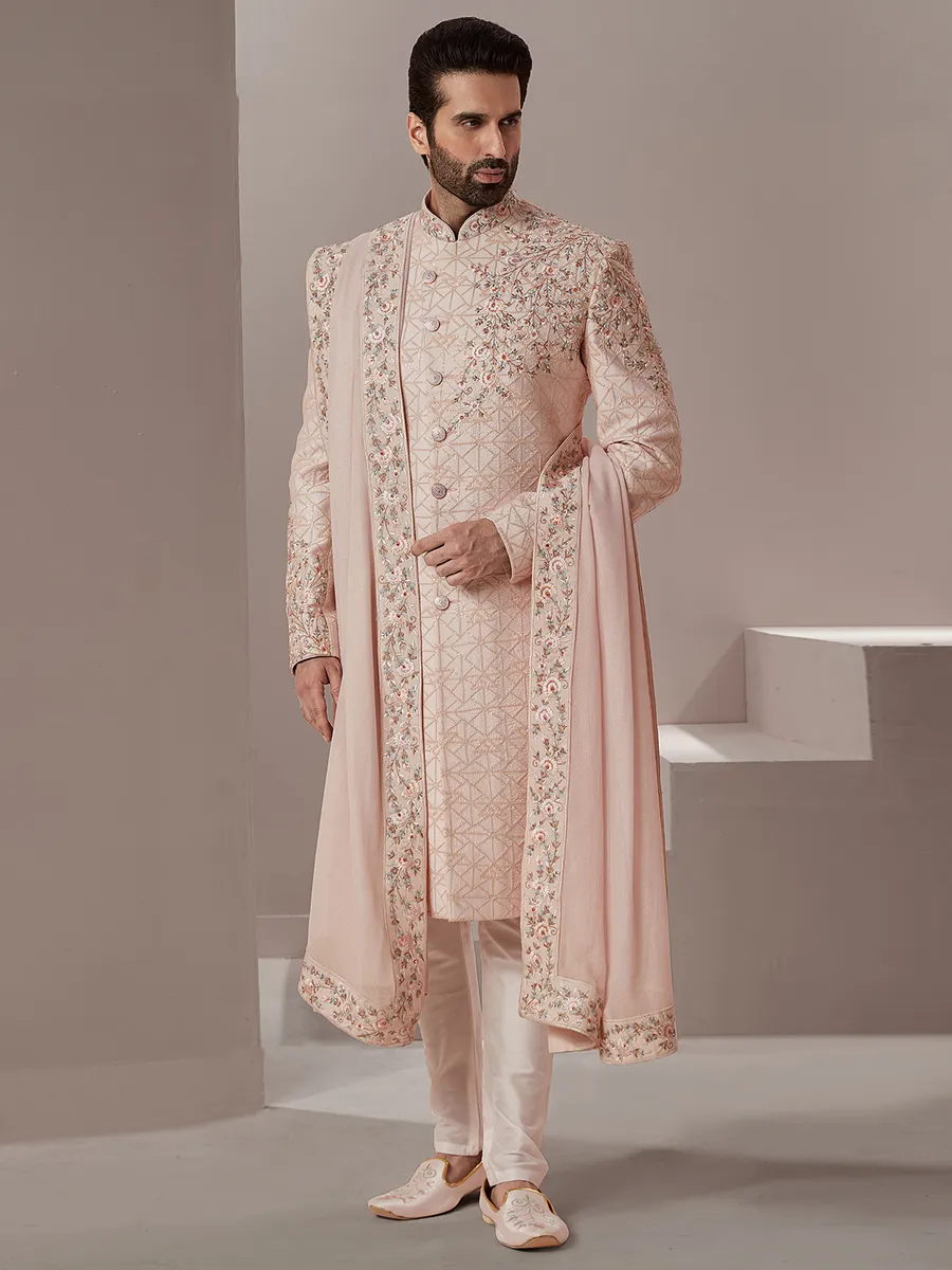Peach raw silk groom and wedding wear sherwani