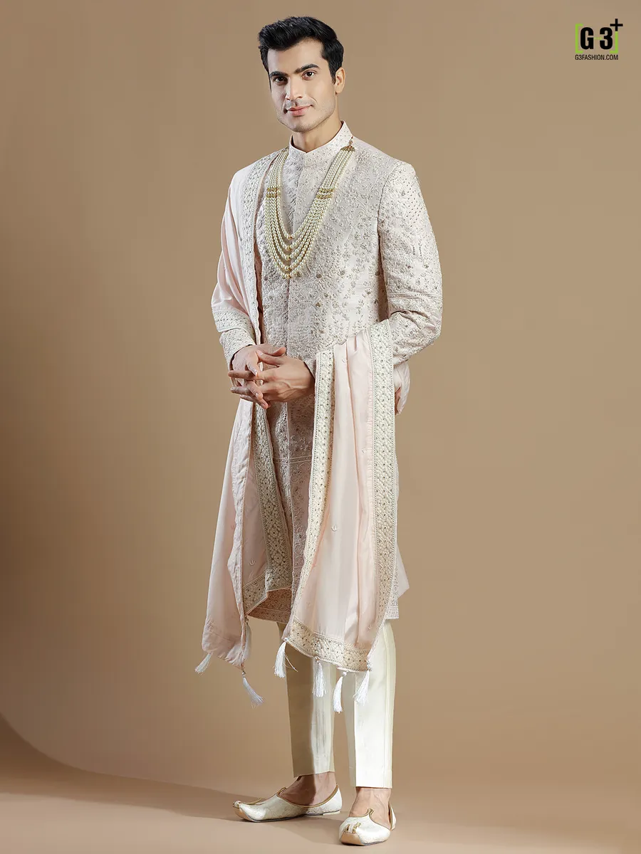 Peach raw silk groom wear sherwani for men