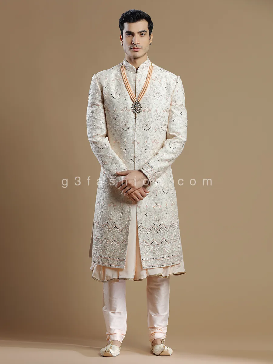 Peach raw silk groom wear stunning sherwani