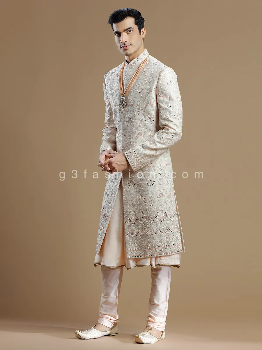 Peach raw silk groom wear stunning sherwani