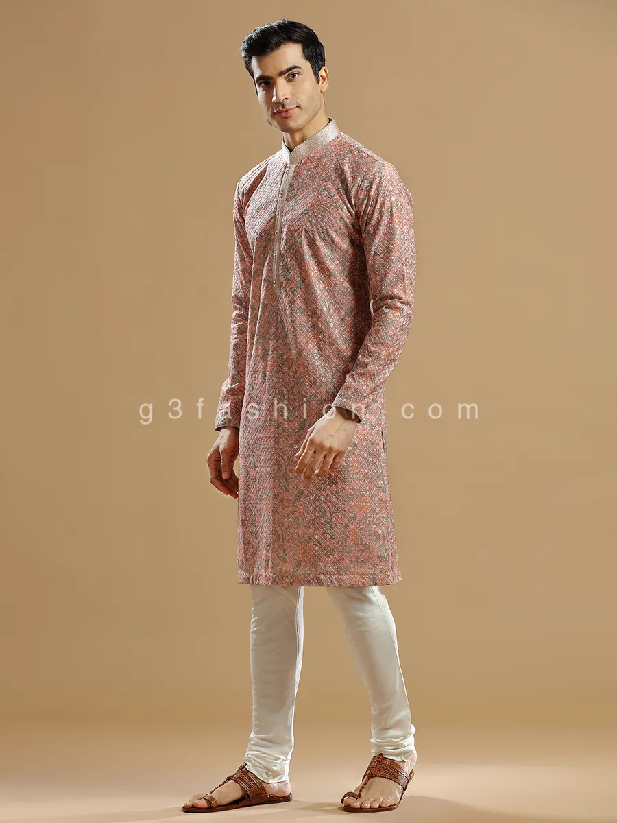 Peach silk printed kurta suit