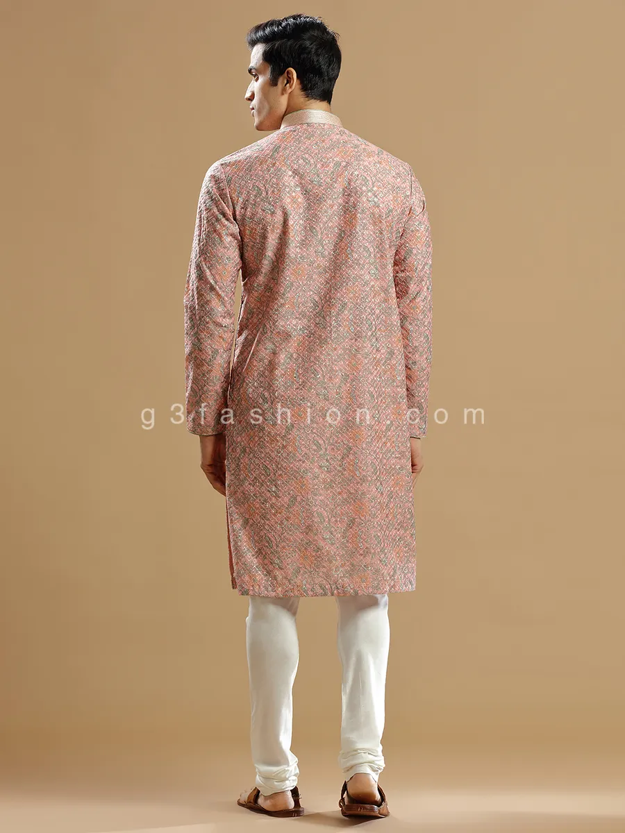 Peach silk printed  Men Kurta pajama