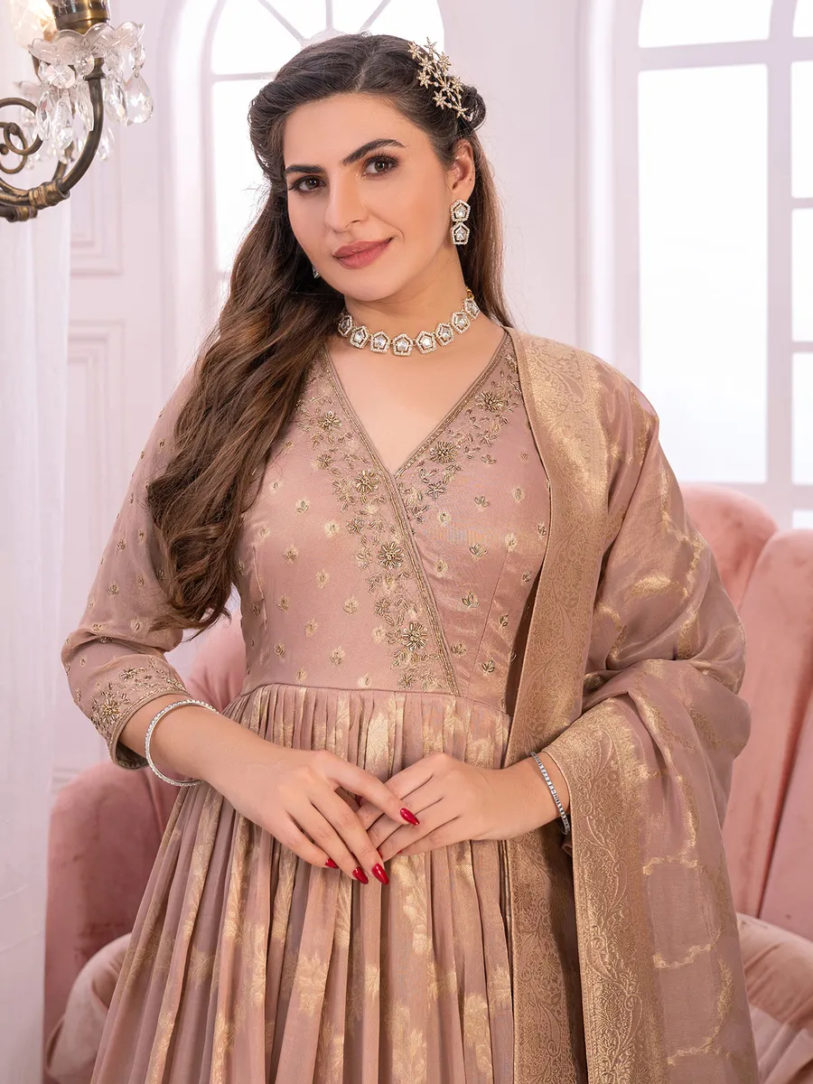 Peach tissue silk anarkali suit for wedding