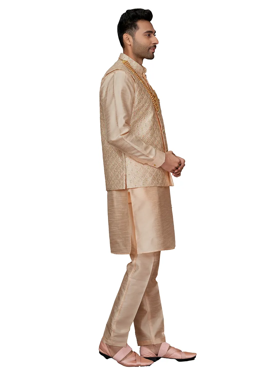 Peach waistcoat set in silk for men