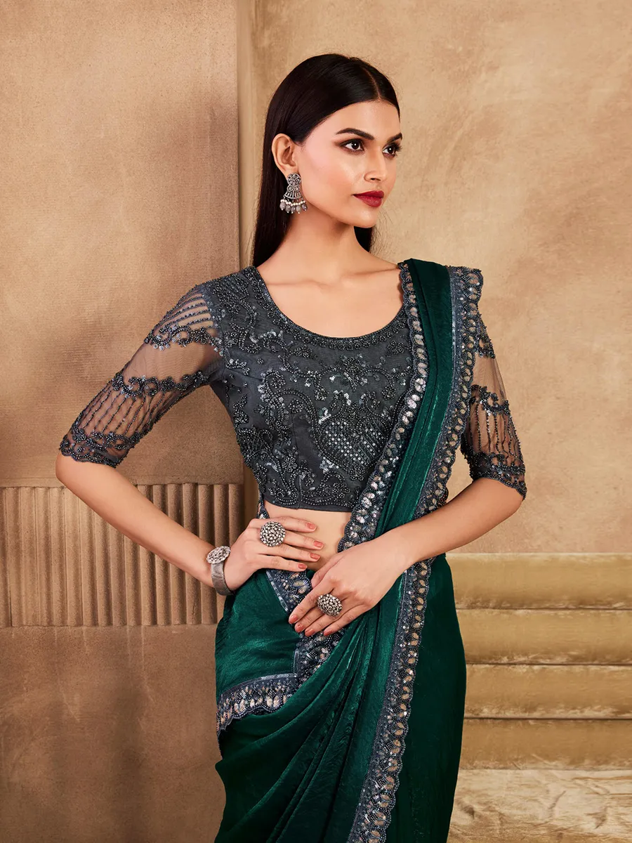 Peacock green party wear silk saree