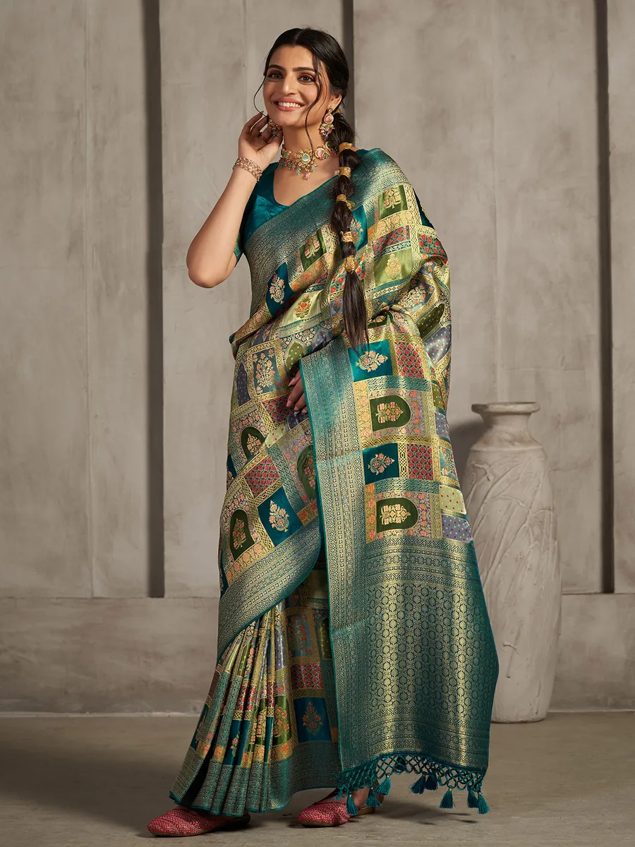 Peacock green silk minakari saree