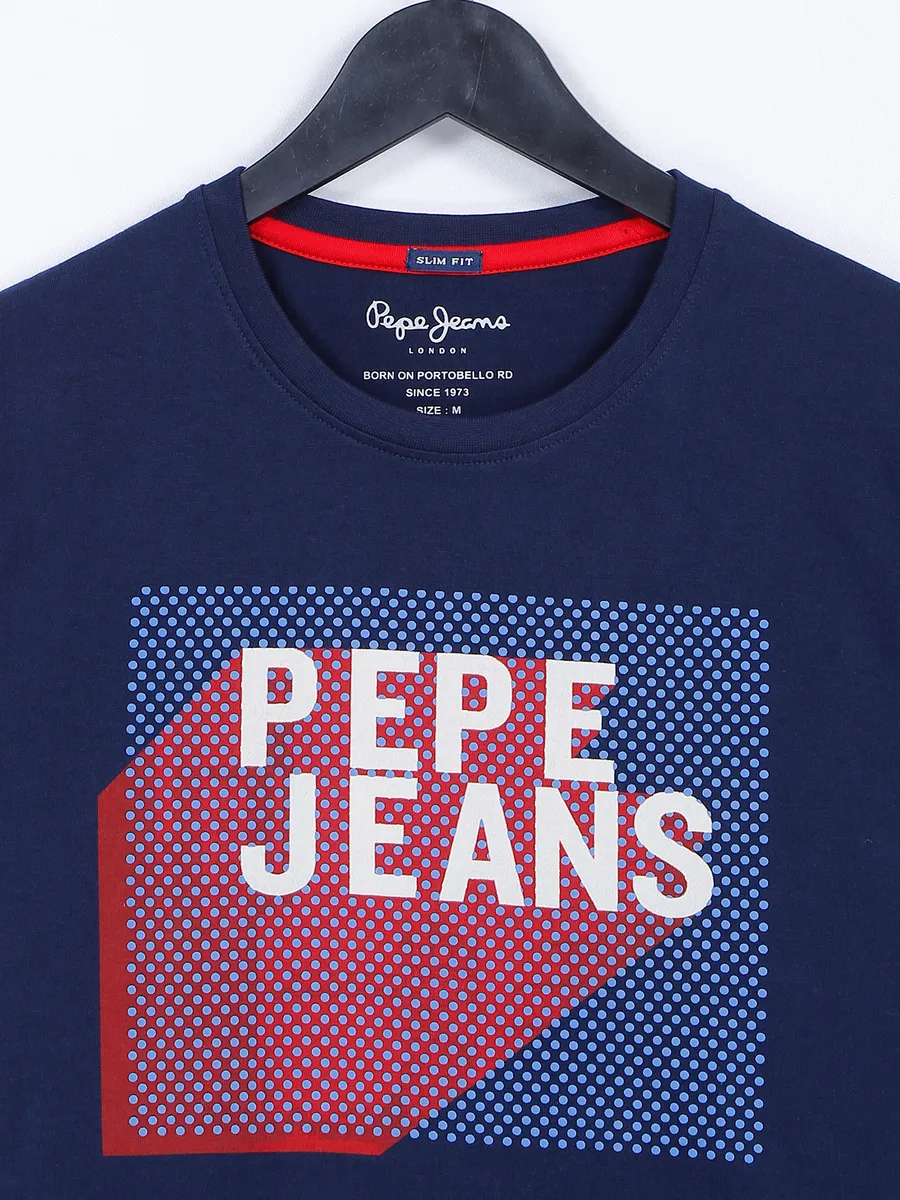 Pepe Jeans navy casual wear printed cotton t shirt
