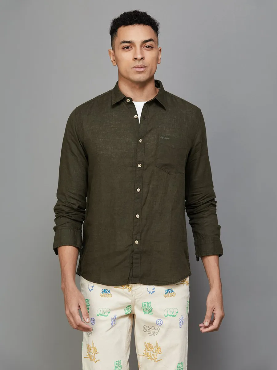 Pepe Jeans olive plain linen shirt