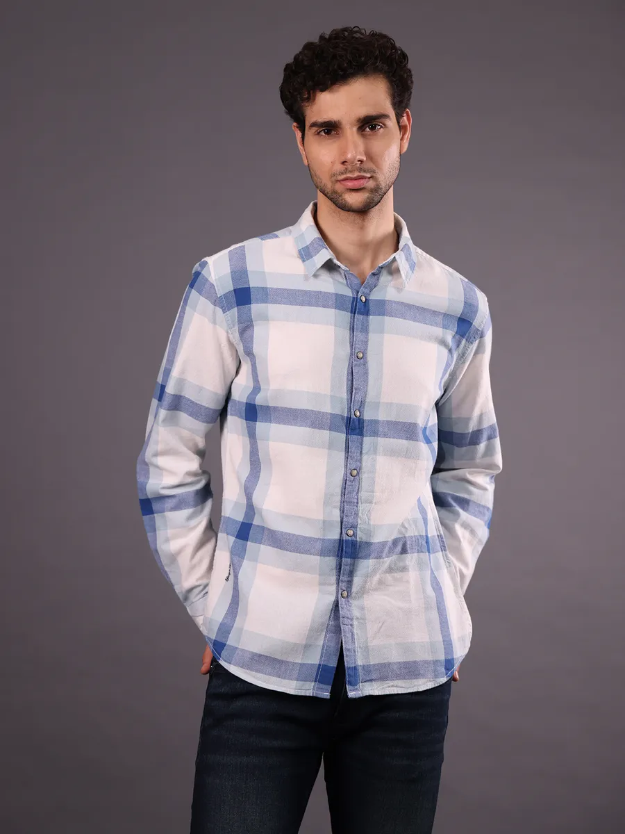 PEPE JEANS white and blue checks cotton shirt