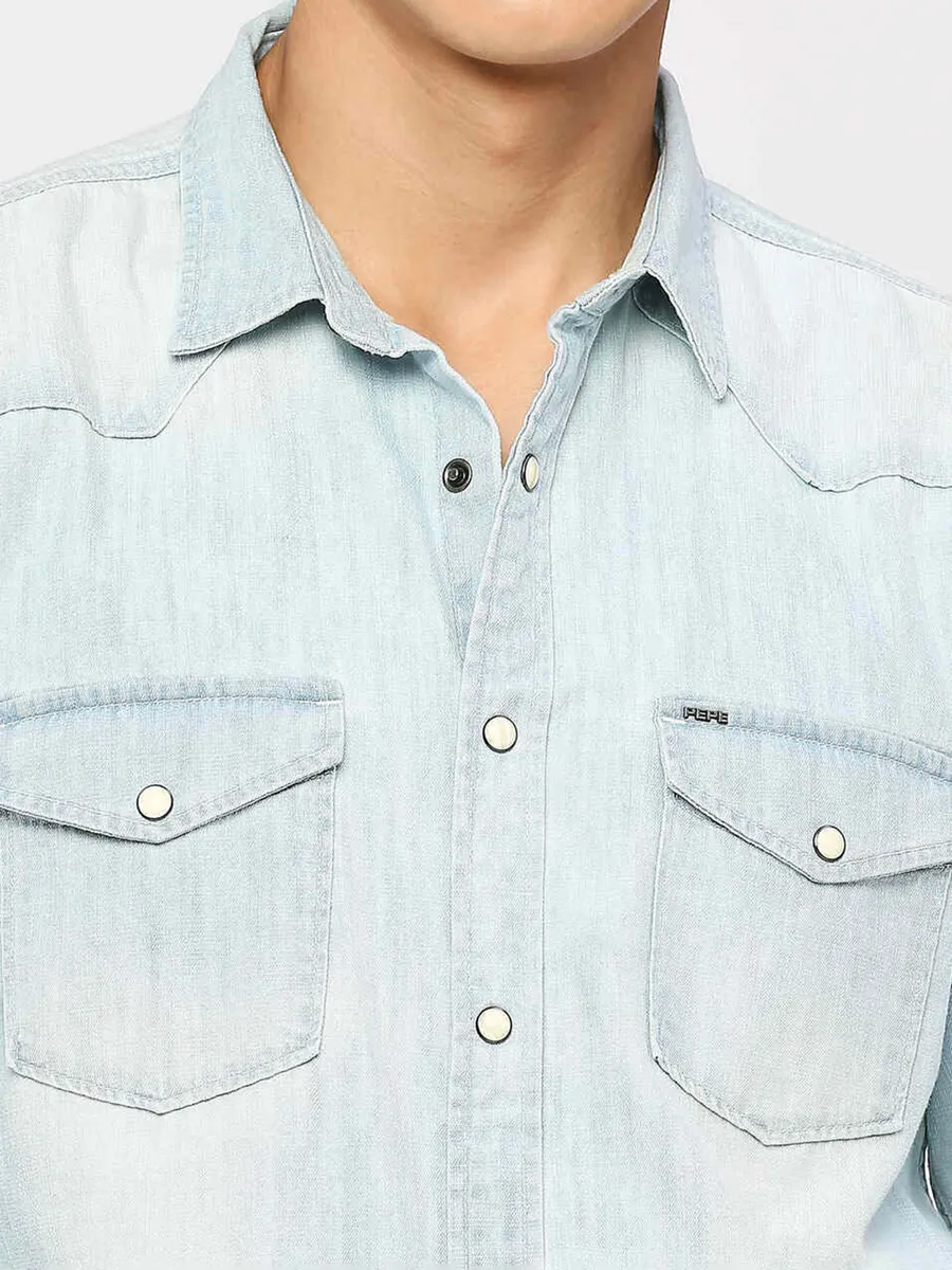 PEPE washed ice blue casual denim shirt