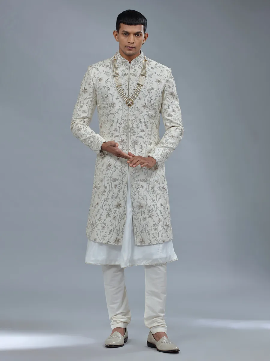Peshwai style off white raw silk shewani for groom