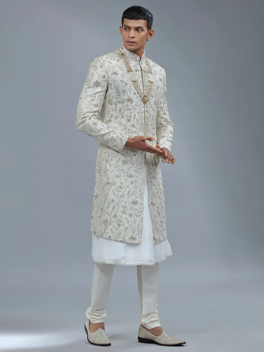 Peshwai style off white raw silk shewani for groom
