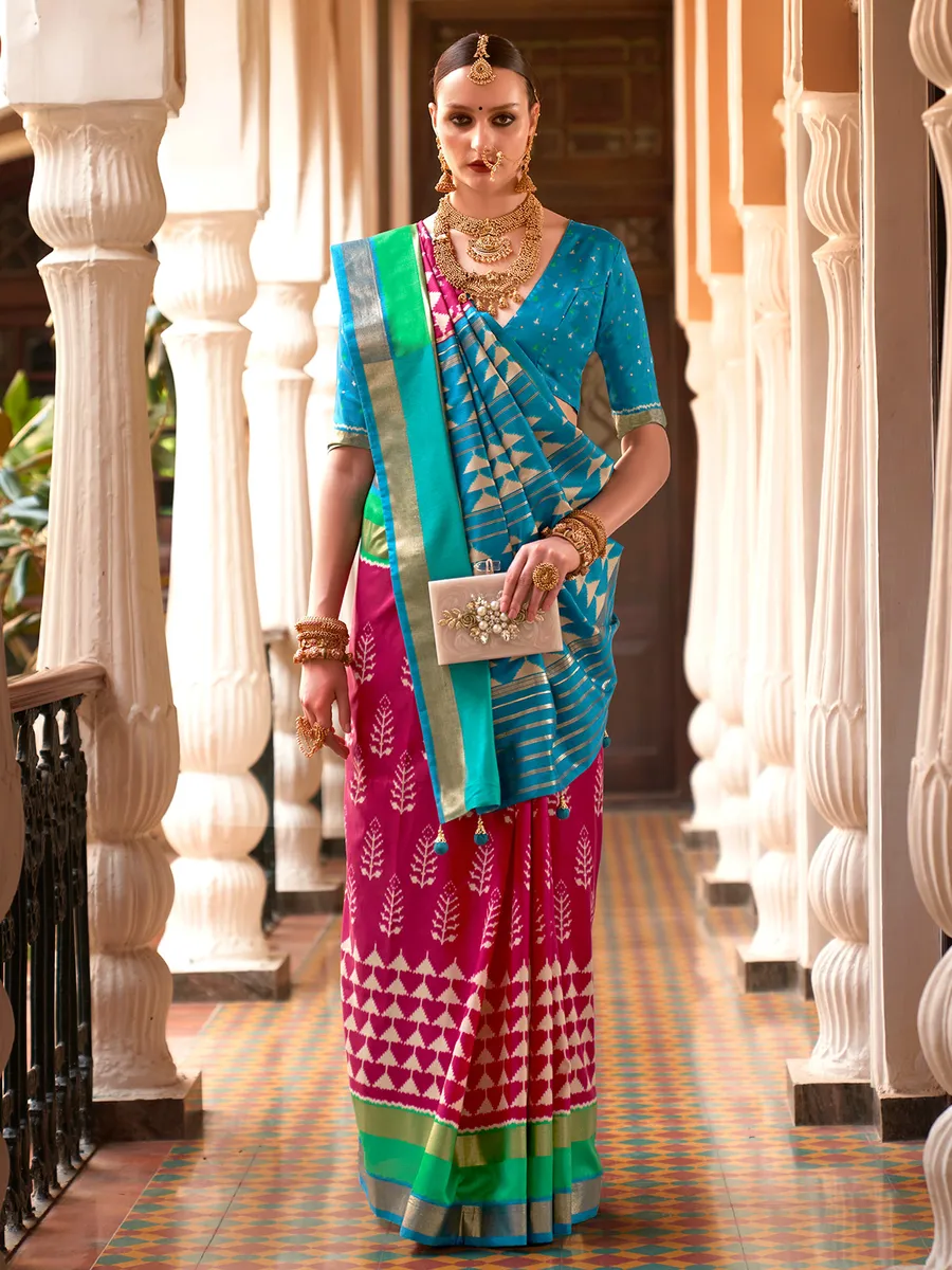 Pink and blue silk patola printed saree