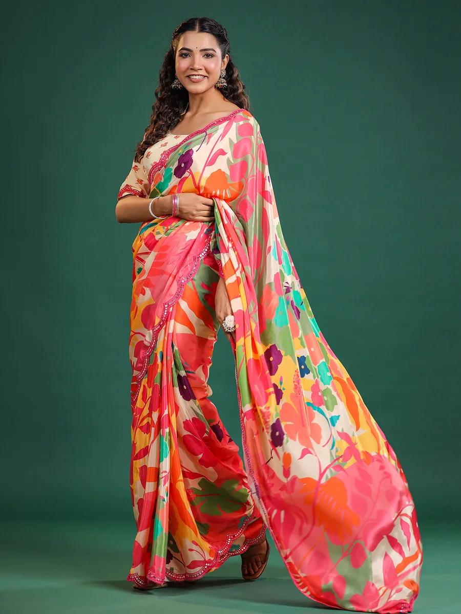 Pink and cream printed saree