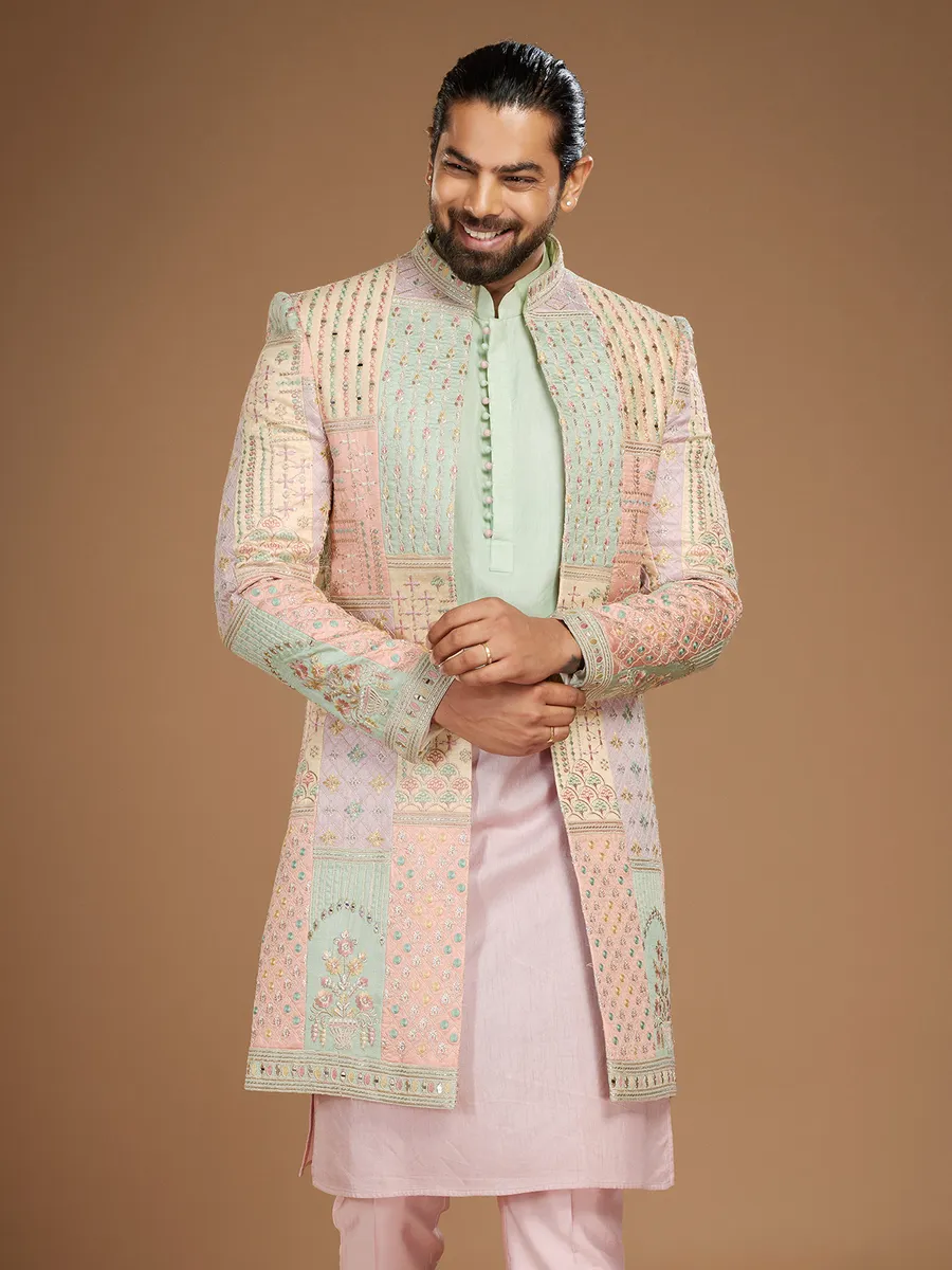 Pink and green shaded silk indowestern