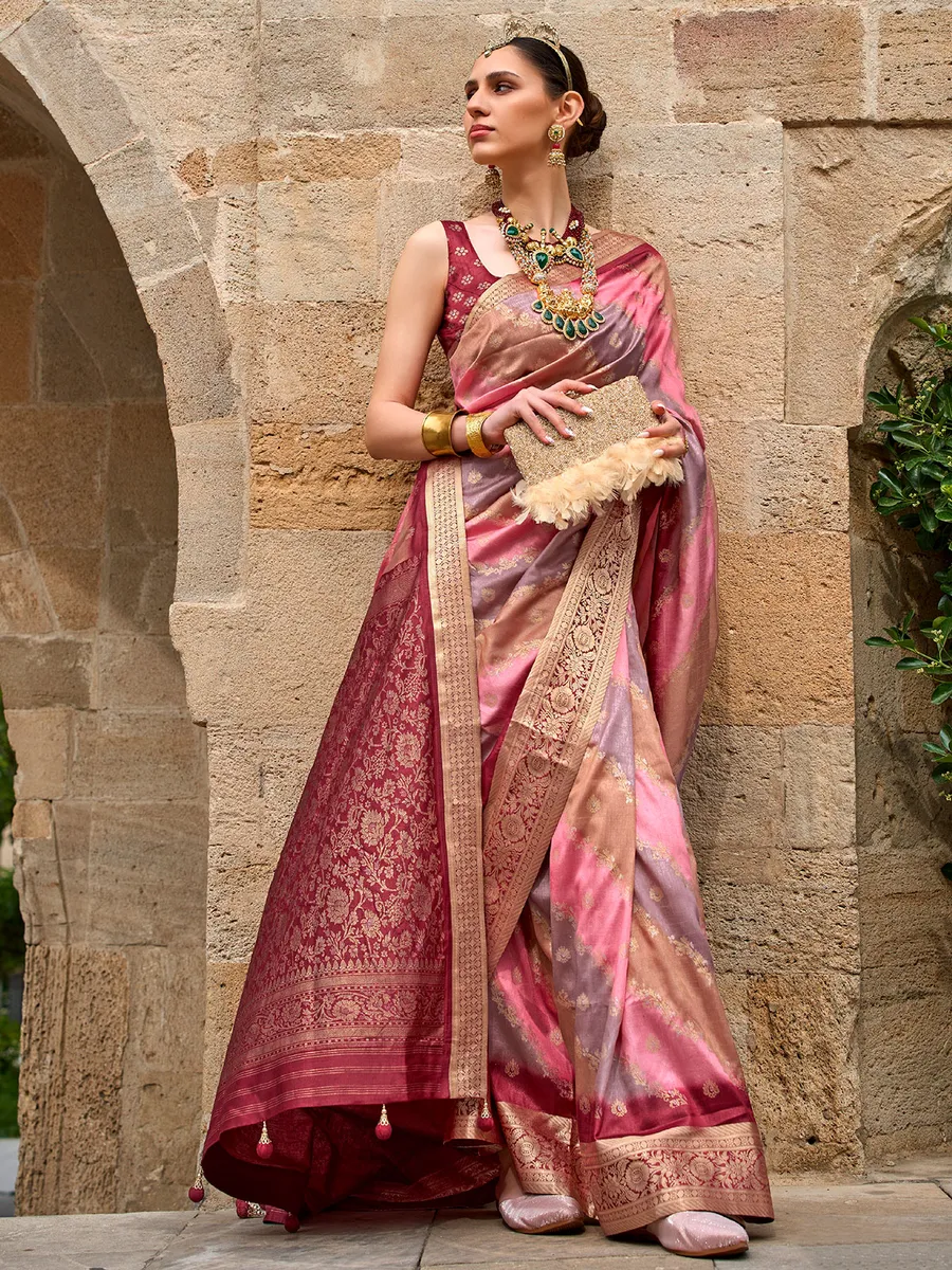 Pink and maroon silk zari weaving saree