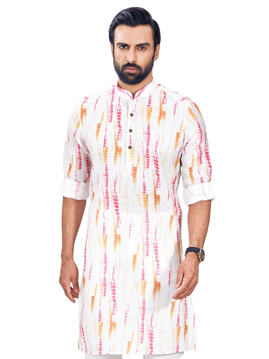 Pink and white cotton printed kurta