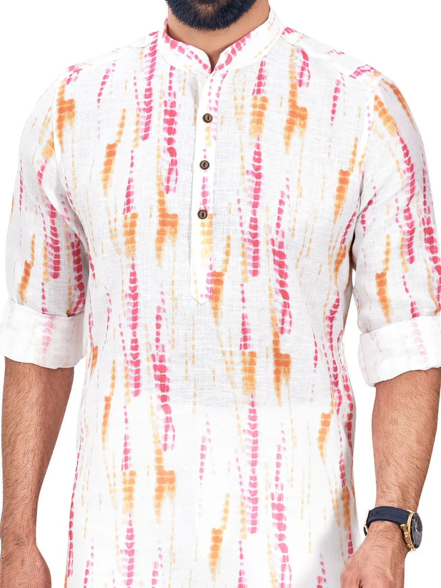 Pink and white cotton printed kurta