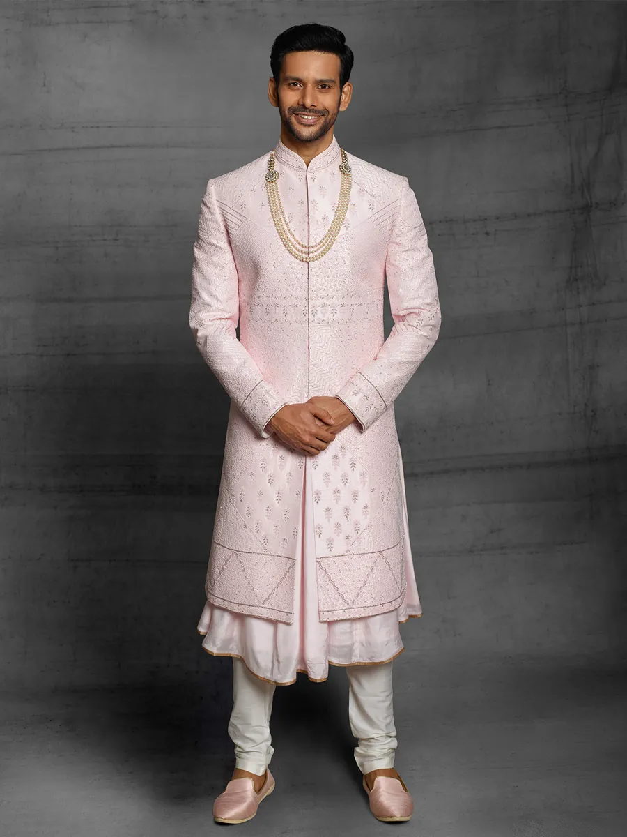 Pink color silk wedding wear dual layer sherwani