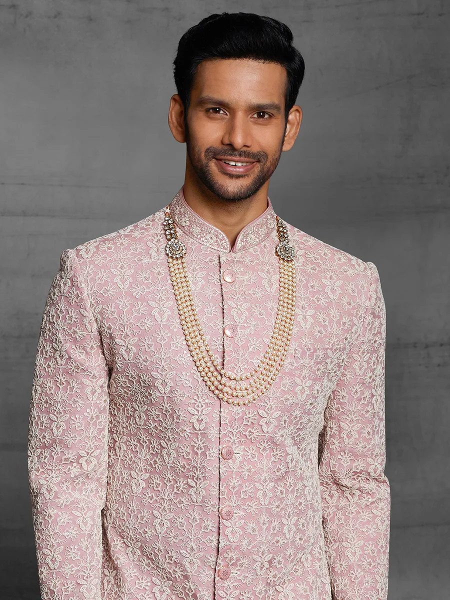 Pink color wedding wear sherwani in silk fabric