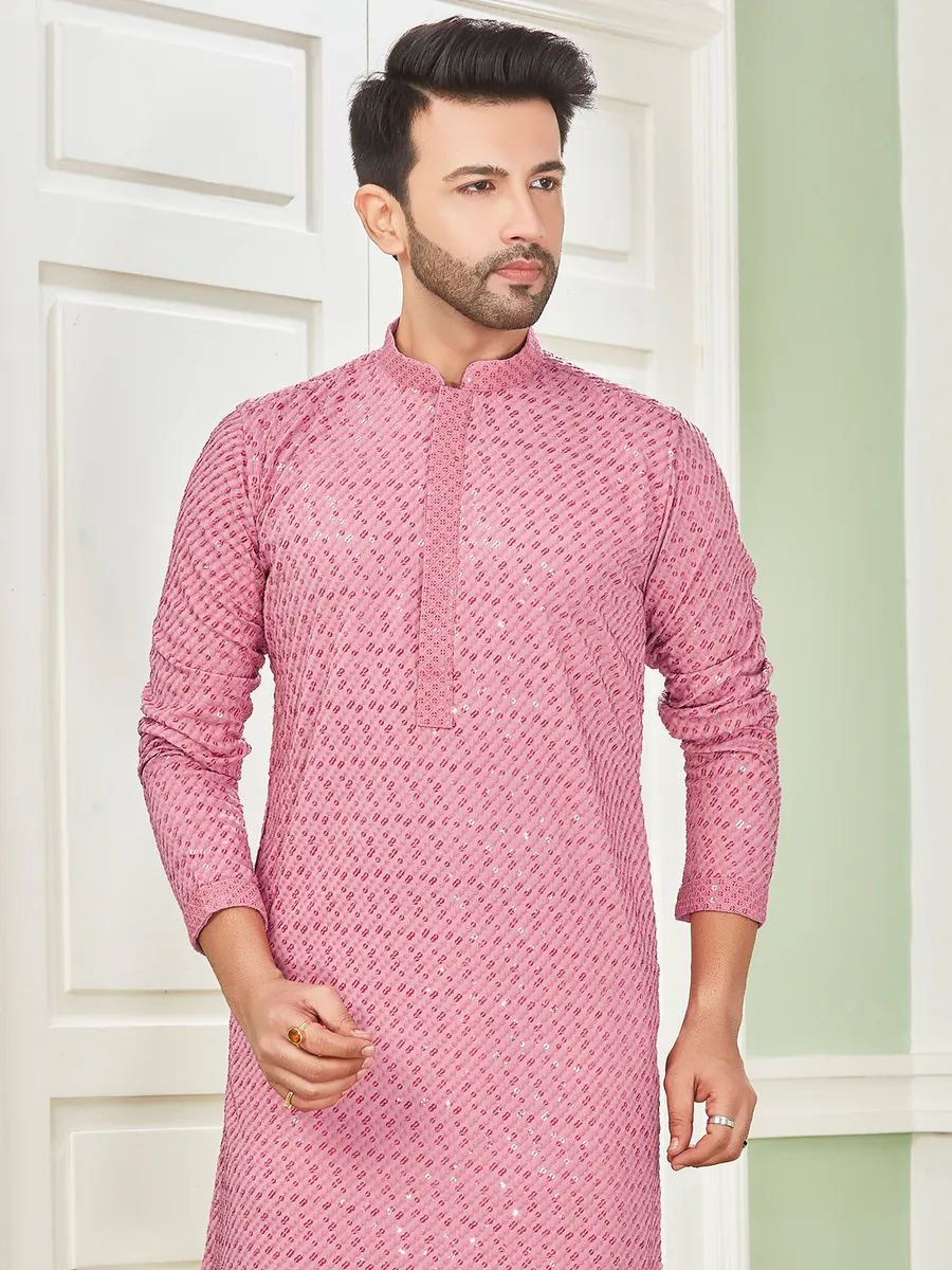 Pink embroidery kurta in cotton