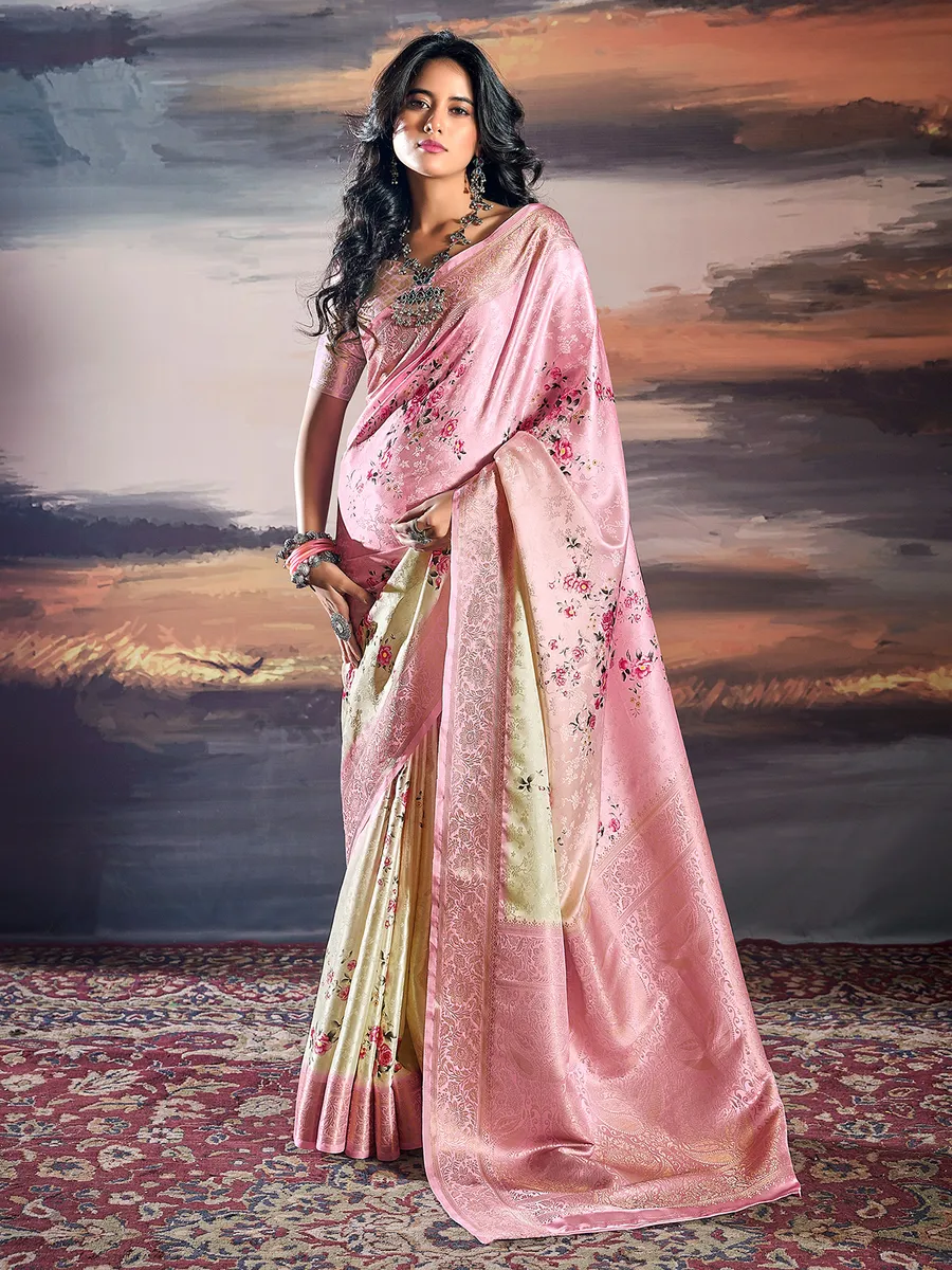 Pink floral printed saree in satin