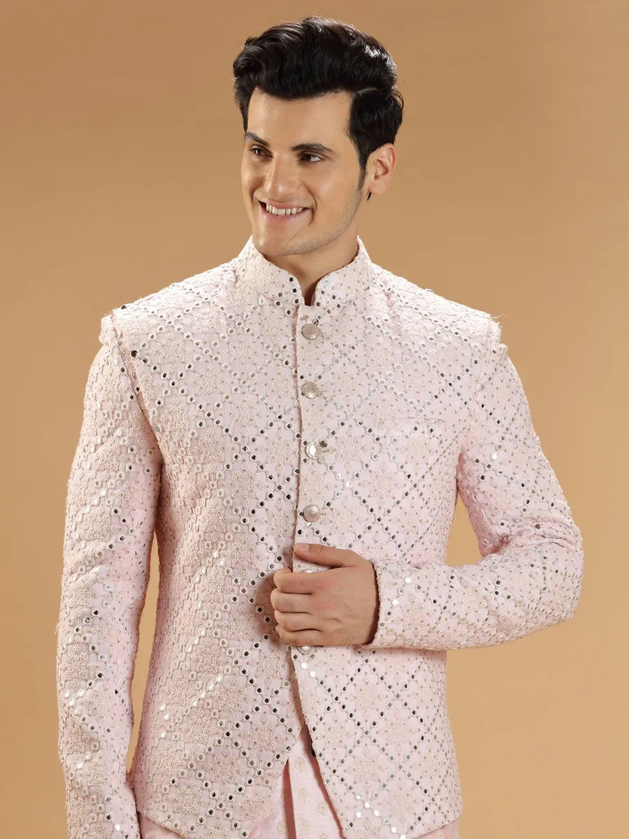 Pink georgette wedding look men indowestern