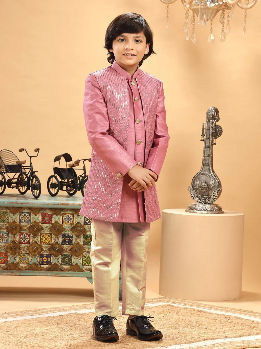 Pink indowestern for boys in silk