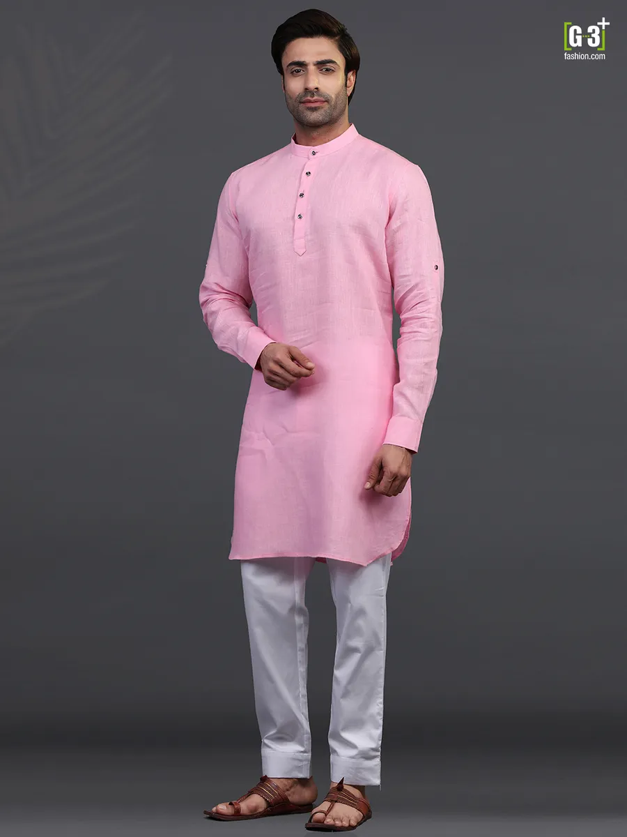 Pink linen mens kurta suit for festive days