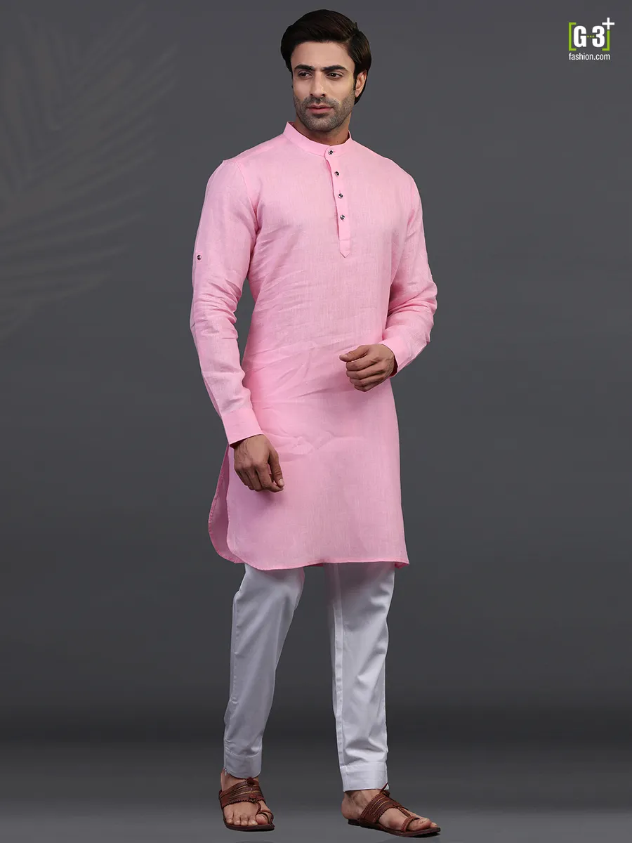 Pink linen mens kurta suit for festive days