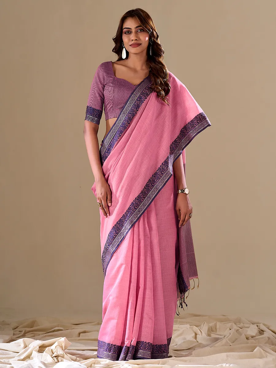 Pink plain saree with contrast border