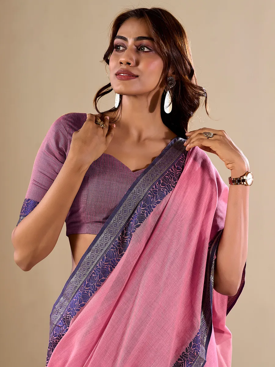 Pink plain saree with contrast border