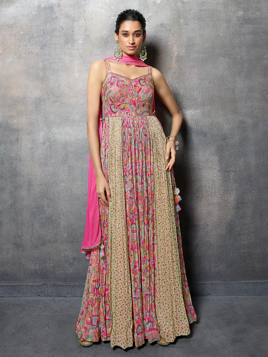 Pink printed floor length suit