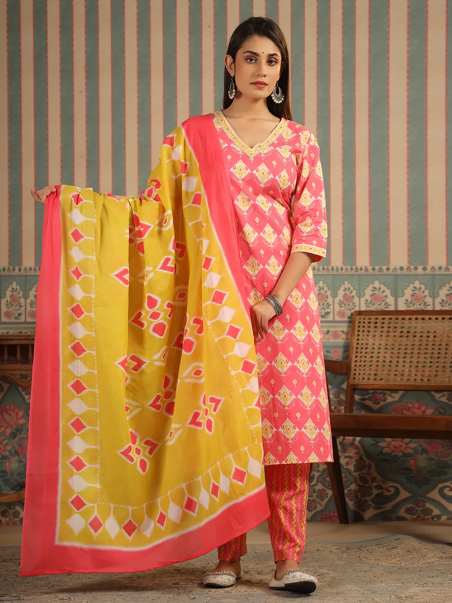 Pink printed kurti set with matching dupatta