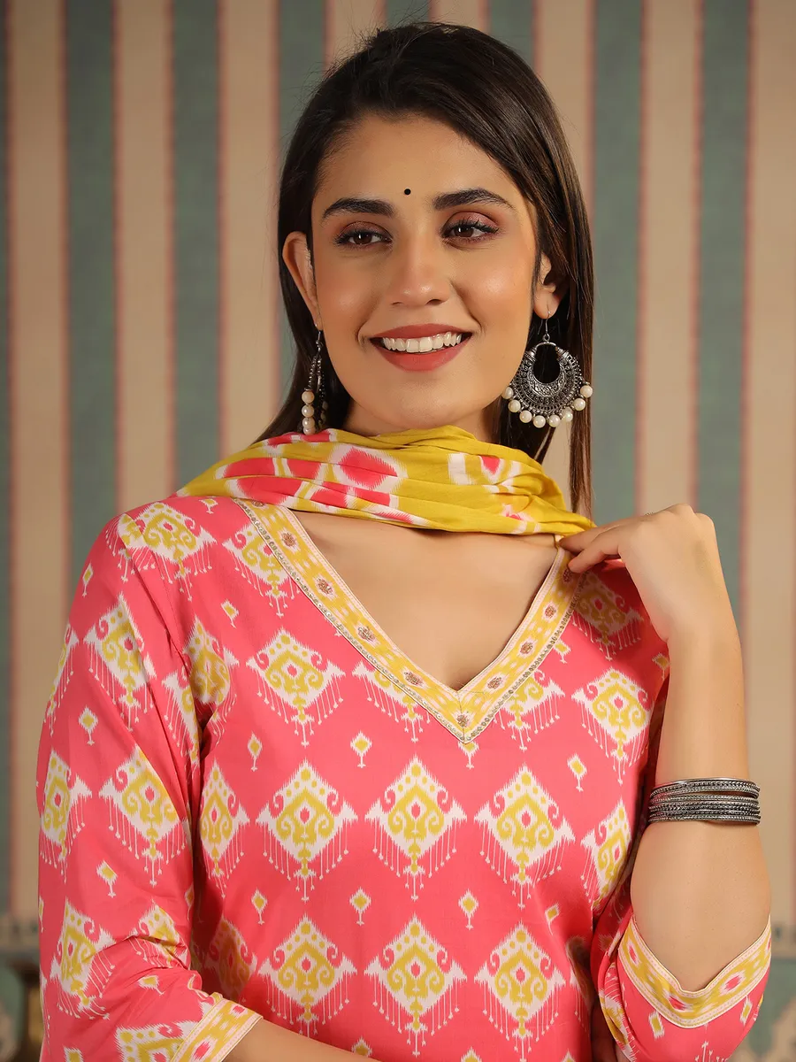 Pink printed kurti set with matching dupatta
