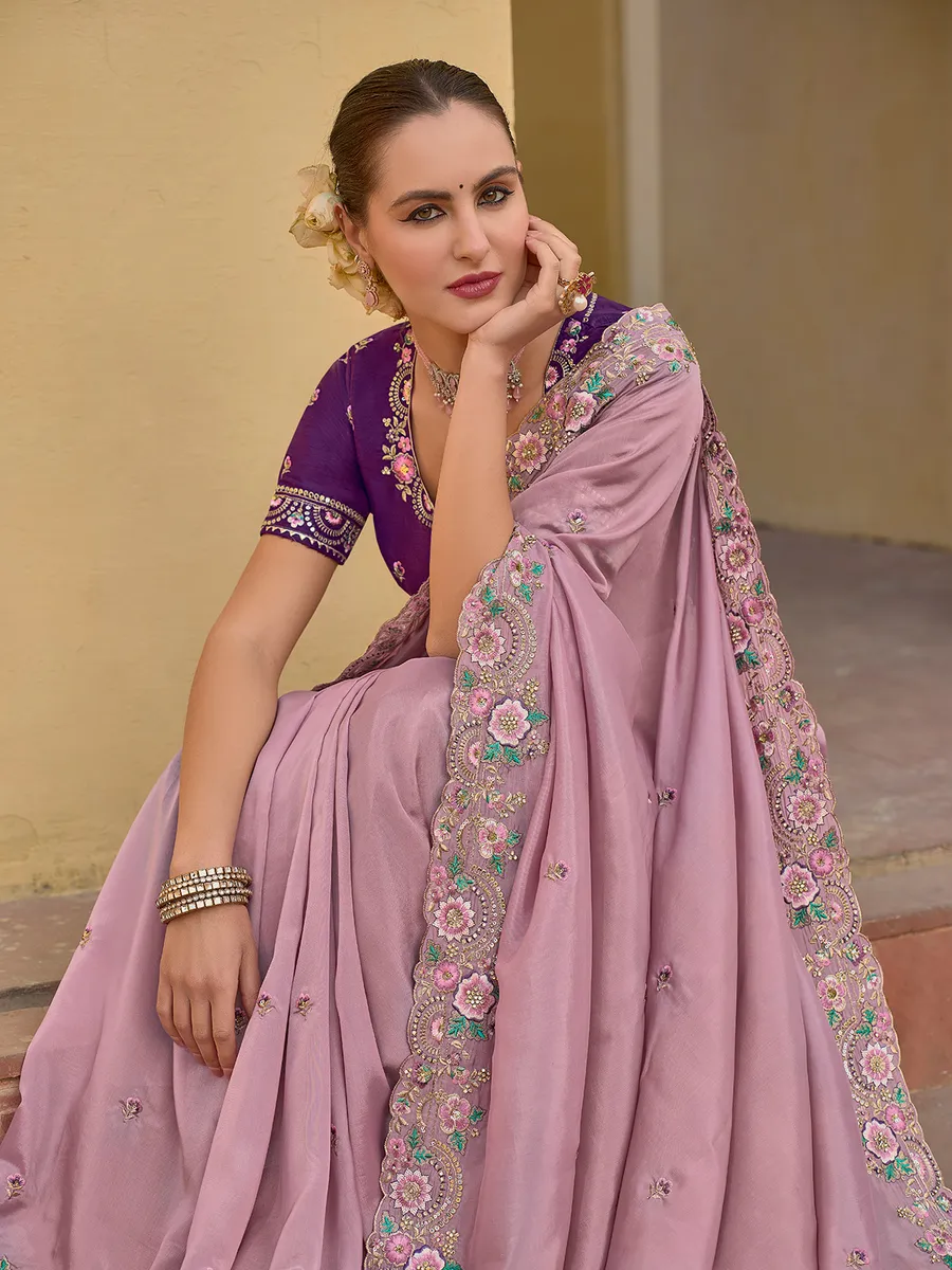 Pink saree with embroidery border